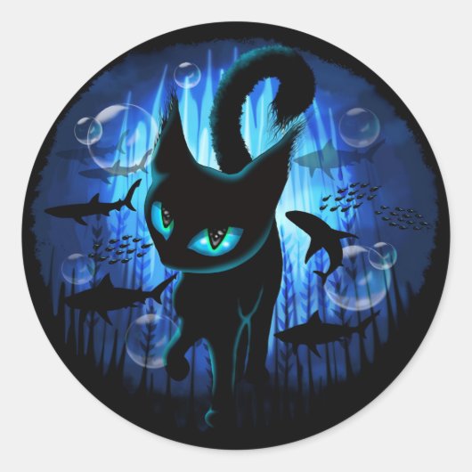 Aquaticat - Surreal Cat in Deep Ocean Fantasy Ronde Sticker (Voorkant)