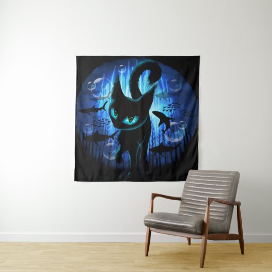 Aquaticat - Surreal Cat in Deep Ocean Fantasy Wandkleed (In situ)