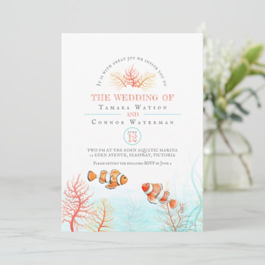 Aquatische bruiloft koraal en clownvis waterverf kaart (Staand voorkant)