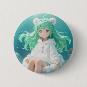 Aquatische Munt: Kawaii Meisje in Witte Hoodie op Ronde Button 5,7 Cm
