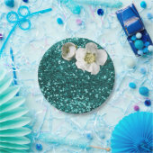 Aquatische Smaragd Bloemen Witte Jasmijn Glitter Papieren Bordje (Feest)