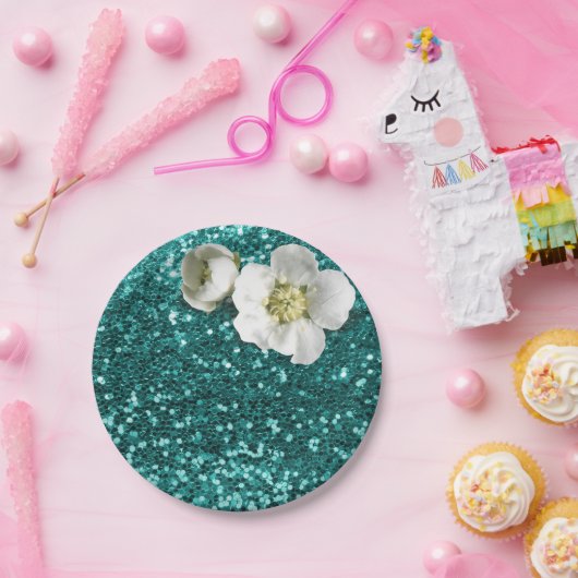 Aquatische Smaragd Bloemen Witte Jasmijn Glitter Papieren Bordje (Feest)