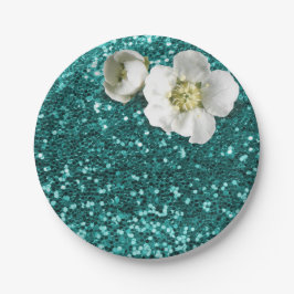 Aquatische Smaragd Bloemen Witte Jasmijn Glitter Papieren Bordje