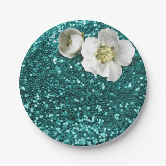 Aquatische Smaragd Bloemen Witte Jasmijn Glitter Papieren Bordje (Voorkant)