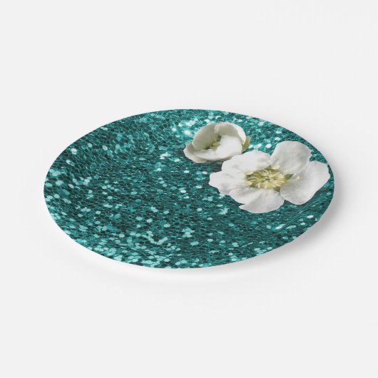 Aquatische Smaragd Bloemen Witte Jasmijn Glitter Papieren Bordje (Gekanteld)