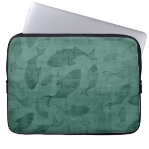 Aquatische Vissen Sjabloon Kunst Teal Bokeh Patroo Laptop Sleeve
