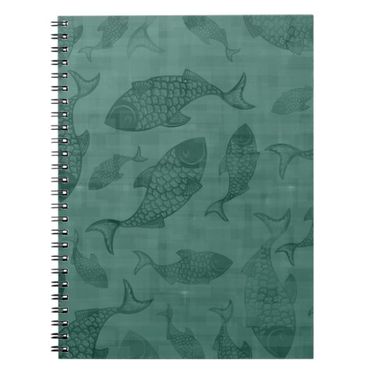 Aquatische vissen sjabloon kunst Teal bokehpatroon Notitieboek (Voorkant)