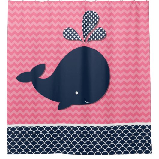 Aquatische walvis Chevron Stripes Pink and Navy Douchegordijn (Voorkant)