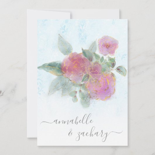 *~* AR12 QR Damask RSVP Rose Bouquet Wedding Invi Kaart (Voorkant)