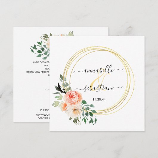 *~* AR21 QR RSVP Gold Cicles Flowers WEDDING I Inv Kaart (Voorkant / Achterkant)