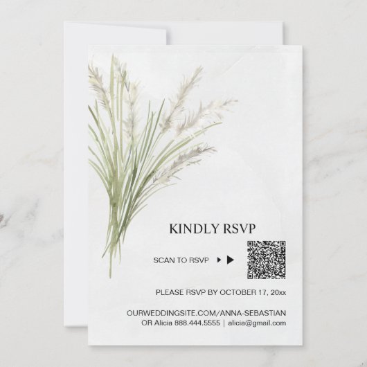*~* AR21 QR RSVP Pampas Grass Botanical WEDDING Kaart (Achterkant)