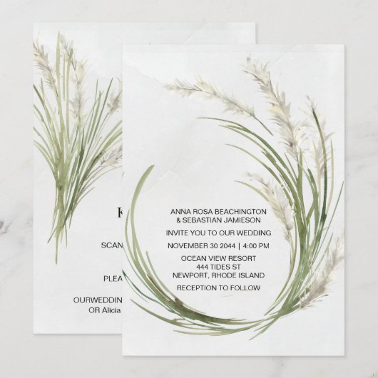 *~* AR21 QR RSVP Pampas Grass Botanical WEDDING Kaart (Voorkant / Achterkant)