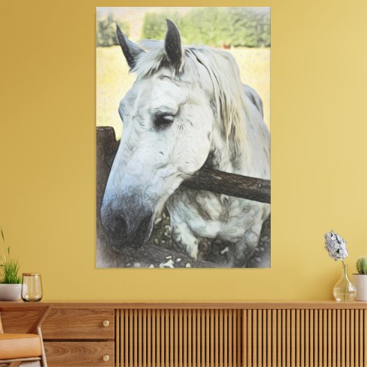 *~* AR22 Wit Paard over Omheining Equine Canvas Afdruk (Insitu (Woonkamer))