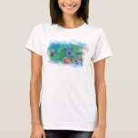 ** AR23 Monet Lily Pads Pond Cherub Angel T-Shirt<br><div class="desc">Witte DAMES KORTE MOUW Classic Monet en water lelie vijver. De Monet Lelies / Lotus zijn turquoise roze. Als je goed kijkt, zie je een lijst met cherub-engelen. Energetisch Verbeterde Elegante Vrouwelijke Romantische Ephemera Bloemenschilderkunst Artistiek Uniek Creatief Modern en Romantisch ontwerp. (Zoek AR23 voor vergelijkbare design) De is een Shabby...</div>