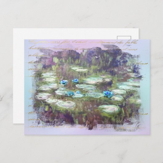** AR23 Monet Lily Pads Pond Old Gold Handwriting Briefkaart (Voorkant / Achterkant)