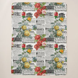 * AR23 Rozen Bloem Bloemige Vintage Krantenpapier Sherpa Deken