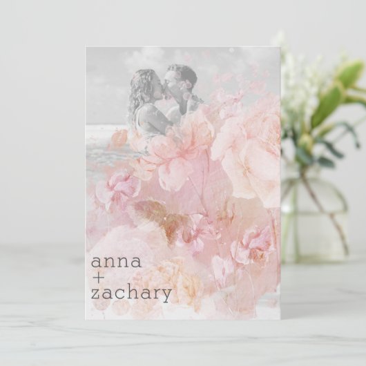 *~* AR26 Peach Roos QR  RSVP FOTO Wedding Kaart (Staand voorkant)