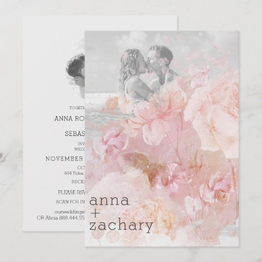 *~* AR26 Peach Roos QR  RSVP FOTO Wedding Kaart (Voorkant / Achterkant)