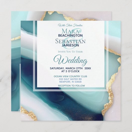 ~ AR66 QR RSVP Agaat Marmer Goud Bruiloft Kaart (Voorkant / Achterkant)