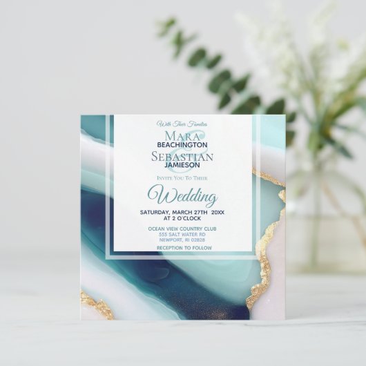 ~ AR66 QR RSVP Agaat Marmer Goud Bruiloft Kaart (Staand voorkant)