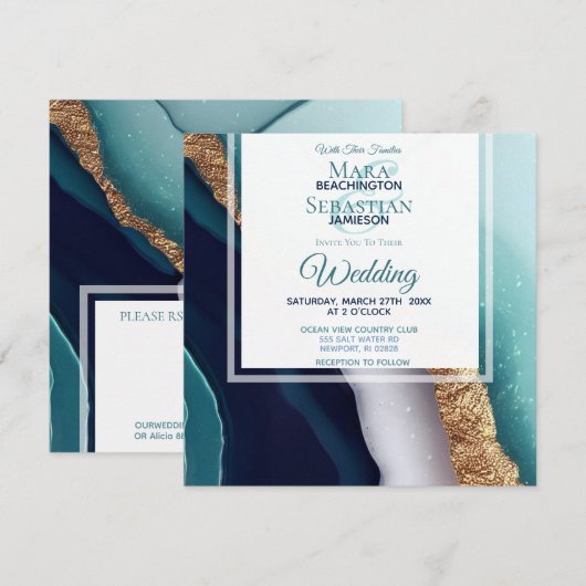 ~ AR66 RSVP Agaat Marmer Goud QR Bruiloft Kaart (Voorkant / Achterkant)