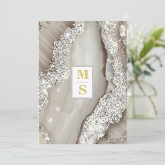 *~ AR66 RSVP IVORY Zilveren QR Initiaal Bruiloft Kaart (Staand voorkant)