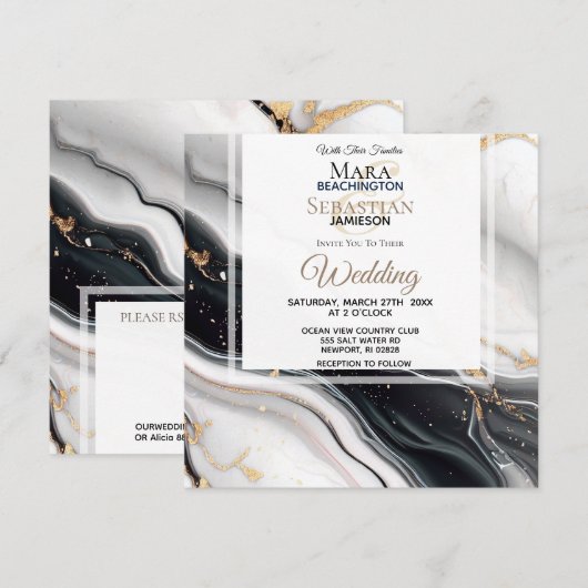 *~* AR66 RSVP Wit Zwart Goud Agaat QR Bruiloft Kaart (Voorkant / Achterkant)