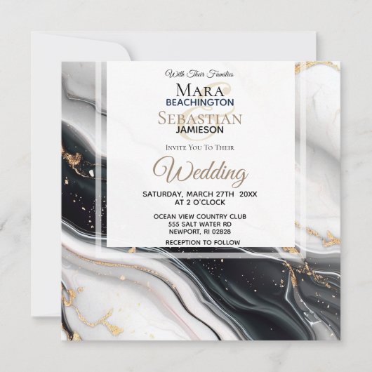 *~* AR66 RSVP Wit Zwart Goud Agaat QR Bruiloft Kaart (Voorkant)