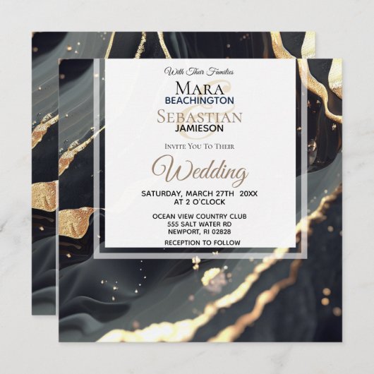 *~* AR66 RSVP Zwart Goud Agaat QR Bruiloft Kaart (Voorkant / Achterkant)