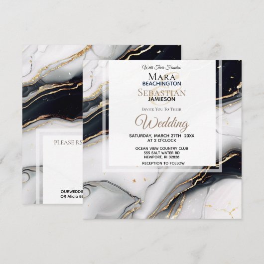 *~* AR66 Wit Zwart Goud Agaat RSVP QR Bruiloft Kaart (Voorkant / Achterkant)