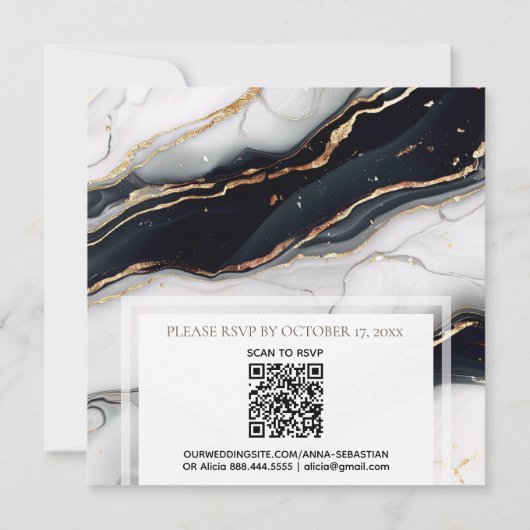 *~* AR66 Wit Zwart Goud Agaat RSVP QR Bruiloft Kaart (Achterkant)