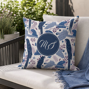 Ara papegaai blauwe tropische patroon monogram kussen