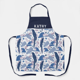 Ara Parrot Blauw Roze Tropisch Blad Patroon Naam Schort