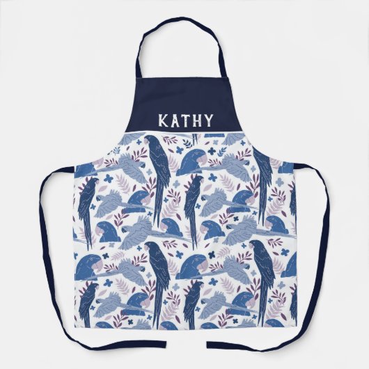 Ara Parrot Blauw Roze Tropisch Blad Patroon Naam Schort (Voorkant)