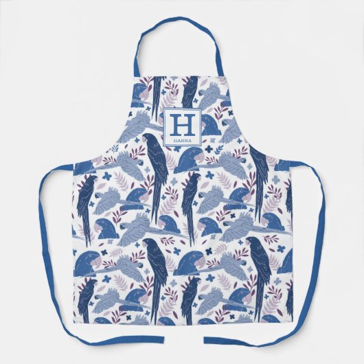 Ara Parrot Blue Tropical Leaf Monogram apr. Schort (Voorkant)