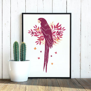 Ara Parrot Burgundy Red Tropische Bladeren Tekenen Poster