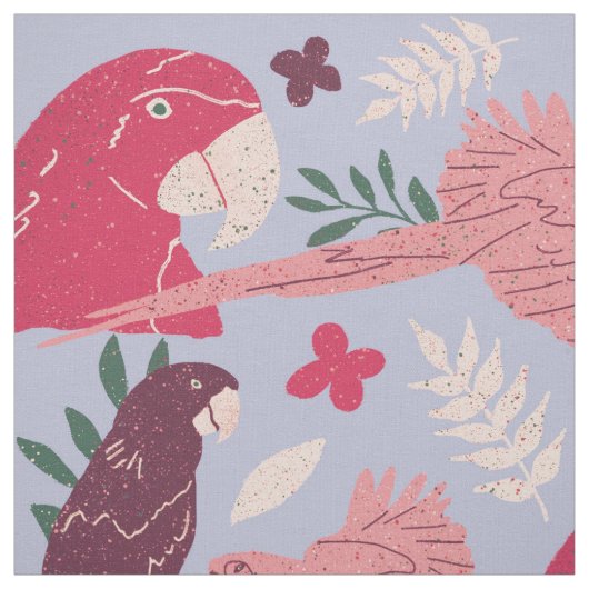 Ara Parrot Pink Burgundy Tropical Leaf Pattern Stof (Swatch)