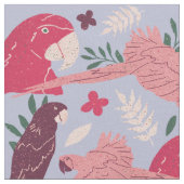 Ara Parrot Pink Burgundy Tropical Leaf Pattern Stof (Close Up)