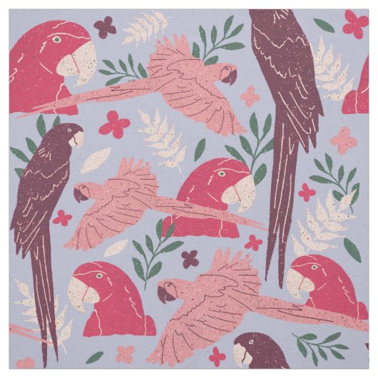 Ara Parrot Pink Burgundy Tropical Leaf Pattern Stof (Swatch)