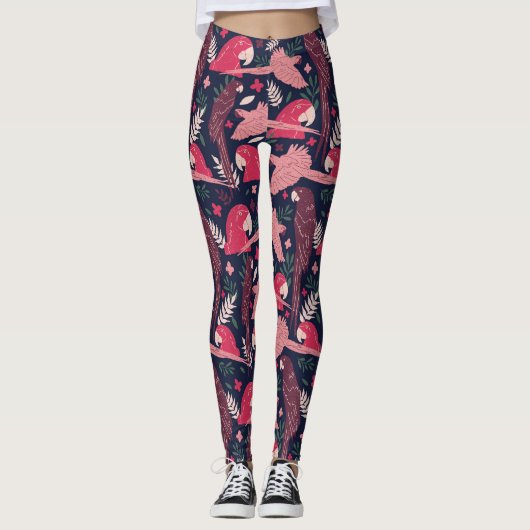 Ara Parrot Red Roze Tekening Tropisch Verlof Patro Leggings (Voorkant)
