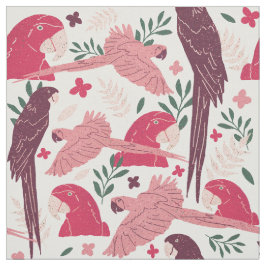 Ara Parrot roze tropisch patroon op wit Stof