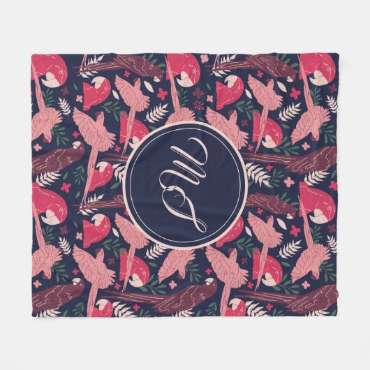 Ara Parrot Tropical Pattern Monogram tekenen Fleece Deken (Voorkant (Horizontaal))