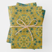 Arabesk ontwerp in geel en turquoise set van 3 inpakpapier vel (In situ)