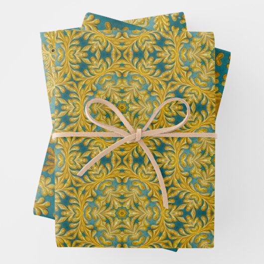 Arabesk ontwerp in geel en turquoise set van 3 inpakpapier vel (In situ)