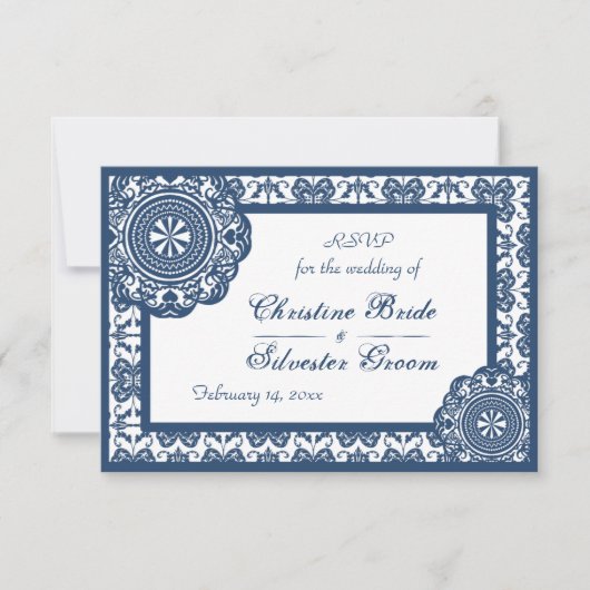 Arabesque Blauwe Kant, 3.5 "x5" bruiloft rsvp Kaart (Voorkant)