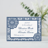 Arabesque Blauwe Kant, 3.5 "x5" bruiloft rsvp Kaart (Staand voorkant)