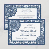 Arabesque Blauwe Kant, 3.5 "x5" bruiloft rsvp Kaart (Voorkant / Achterkant)