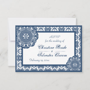 Arabesque Blauwe Kant, 3.5 "x5" bruiloft rsvp Kaart