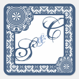 Arabesque Blauwe kant, monogram souvenir Vierkante Sticker