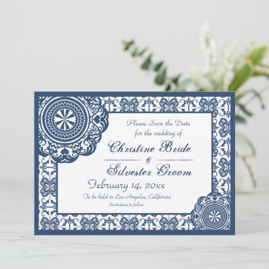 Arabesque Blue Lace, 5x7 save the date (Staand voorkant)